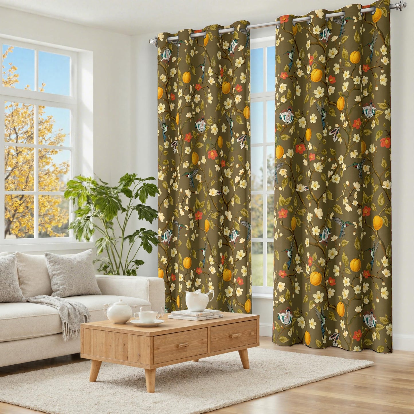Floral Curtains 100% Blackout, Vintage Hummingbird Black Out Curtain 84 Inches Long, Patterned Thermal Insulated Window Drapes 2 Panels, Grommet Room Darkening Curtains for Living Room Bedroom, Brown
