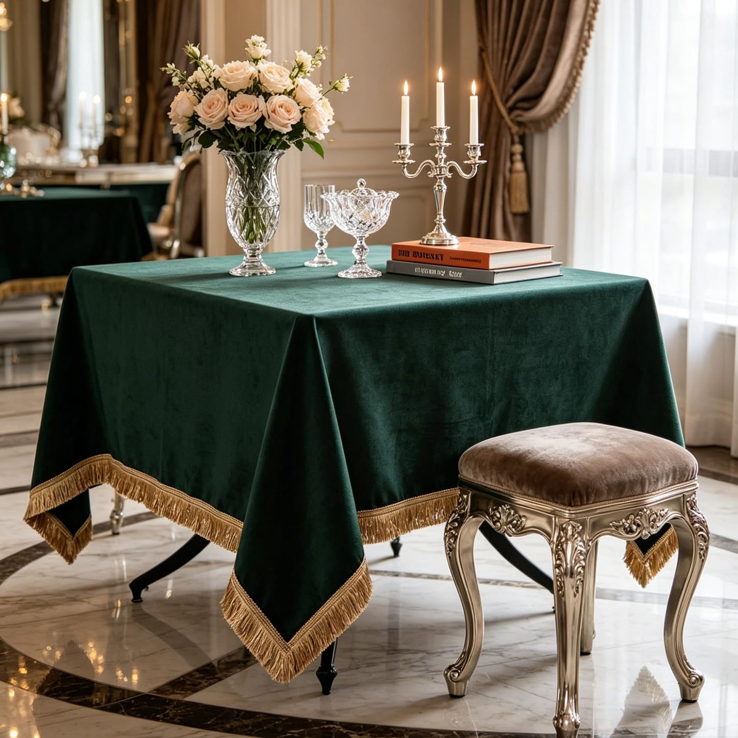 FAIRY KAARI Velvet Tablecloth Luxurious Green Rectangle Table Tablecloth Thickset with Luxurious Gold Tassels Table Cloth for Home Decor Christmas Wedding, Party, Banquet and Events 55X55inch