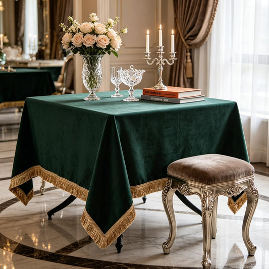 FAIRY KAARI Velvet Tablecloth Luxurious Green Rectangle Table Tablecloth Thickset with Luxurious Gold Tassels Table Cloth for Home Decor Christmas Wedding, Party, Banquet and Events 55X55inch
