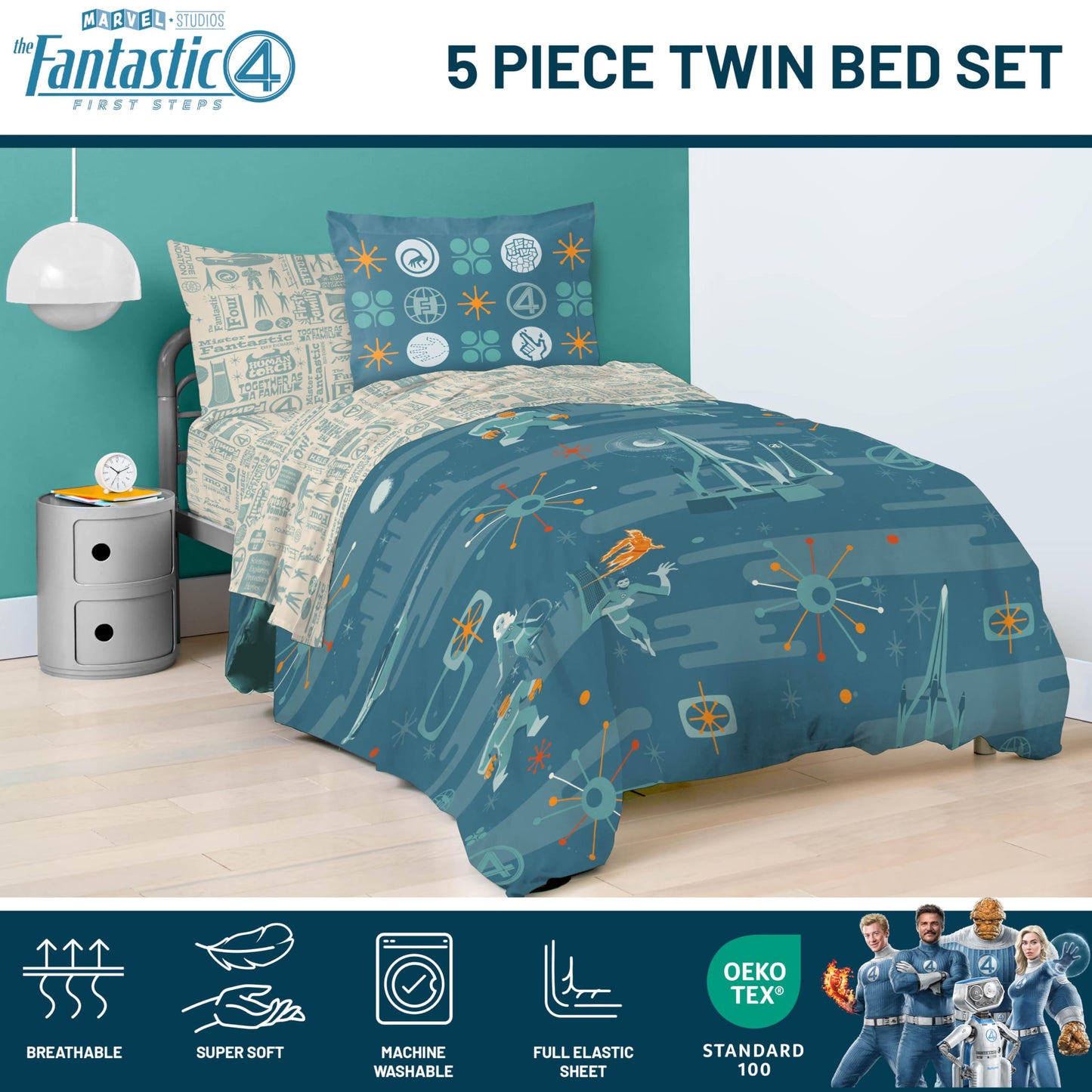 Jay Franco Kids Bed Set, Blue, The Fantastic Four, 5 Piece Twin