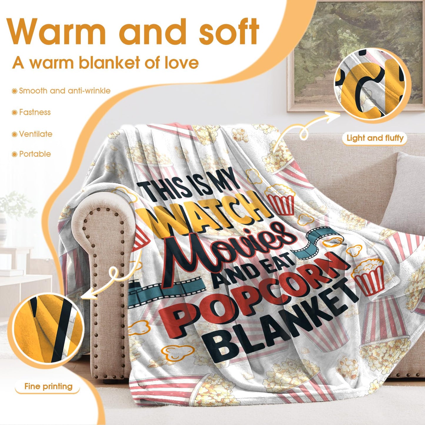 Hohoto Movies Popcorn Throw Blanket Gifts for Adult Kids, Movie Theater Cinema Home Room Decor for Women Men,Blanket for Bed Sofa Couch 50"x60"