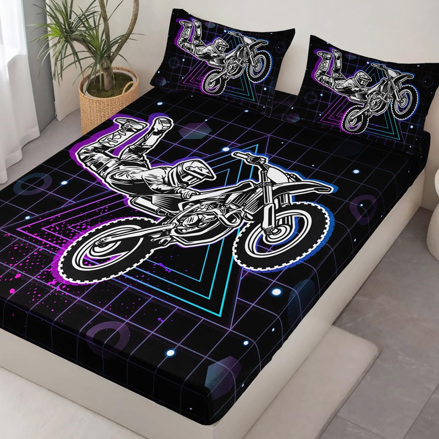 HOSIMA Motorcycle Racer Fitted Sheet Extreme Sports Theme Bedding Sets for Kids Teens Men Room Decor,Dirt Bike Motorbike Twin Bedding Set Purple Line Grid Black Fitted Sheet with 2 Pillowcases.