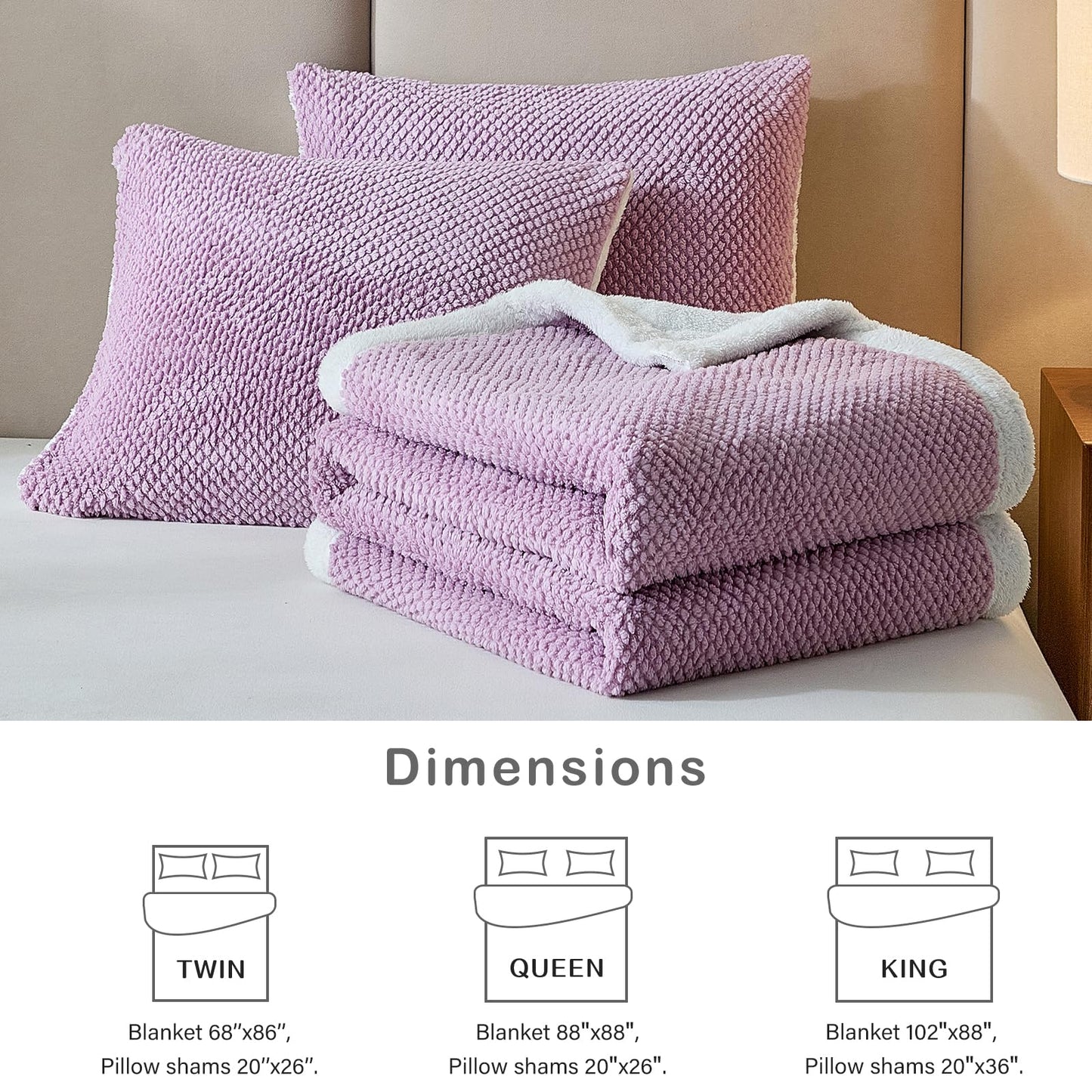 Luxury Flannel Fleece Sherpa Blankets Twin Size for Bed, Jacquard Boho 3-Layer Thick and Warm Blanket for Winter, Soft Cozy Fuzzy Plush Velvet Blanket with 2 Pillow Cases, Purple, 68x86 Inches