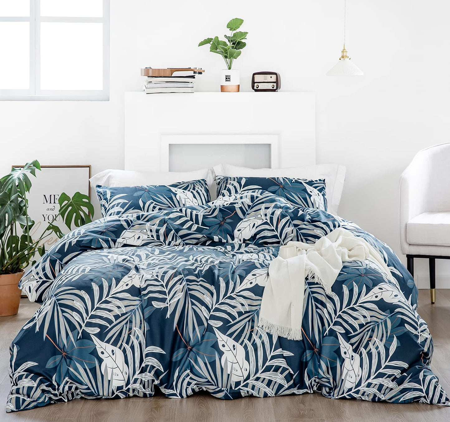 YuHeGuoJi Tropical Botanical Duvet Cover Queen 100% Cotton 3 Pcs Set 1 Blue White Plant Duvet Cover with Zipper Ties 2 Pillowcases Farmhouse Coastal Hawaiian Leaves Pattern Bedding Set Soft