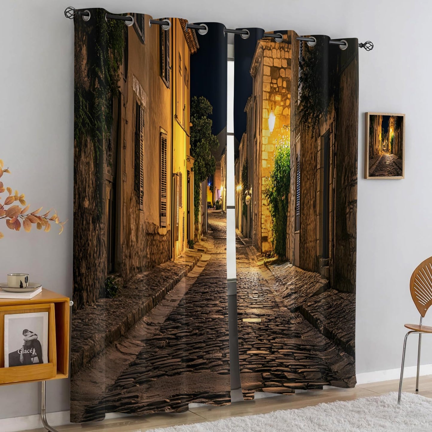 XAFIAUR European Town Curtains,Ancient Streets Blackout Curtains City Night View Grommet Drapes 2 Panels for Bedroom Living Room 31.5" W x 45" L x2