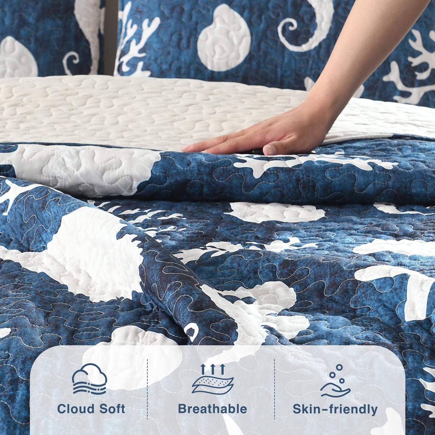 HORIMOTE HOME Coastal Quilt Bedding Set Queen Size, Reversible Navy Summer Beach Quilt Lightweight Ocean Nautical Comforter Tropical Bedspread Coverlet with 2 Pillow Shams for All Seasons (90"x96")