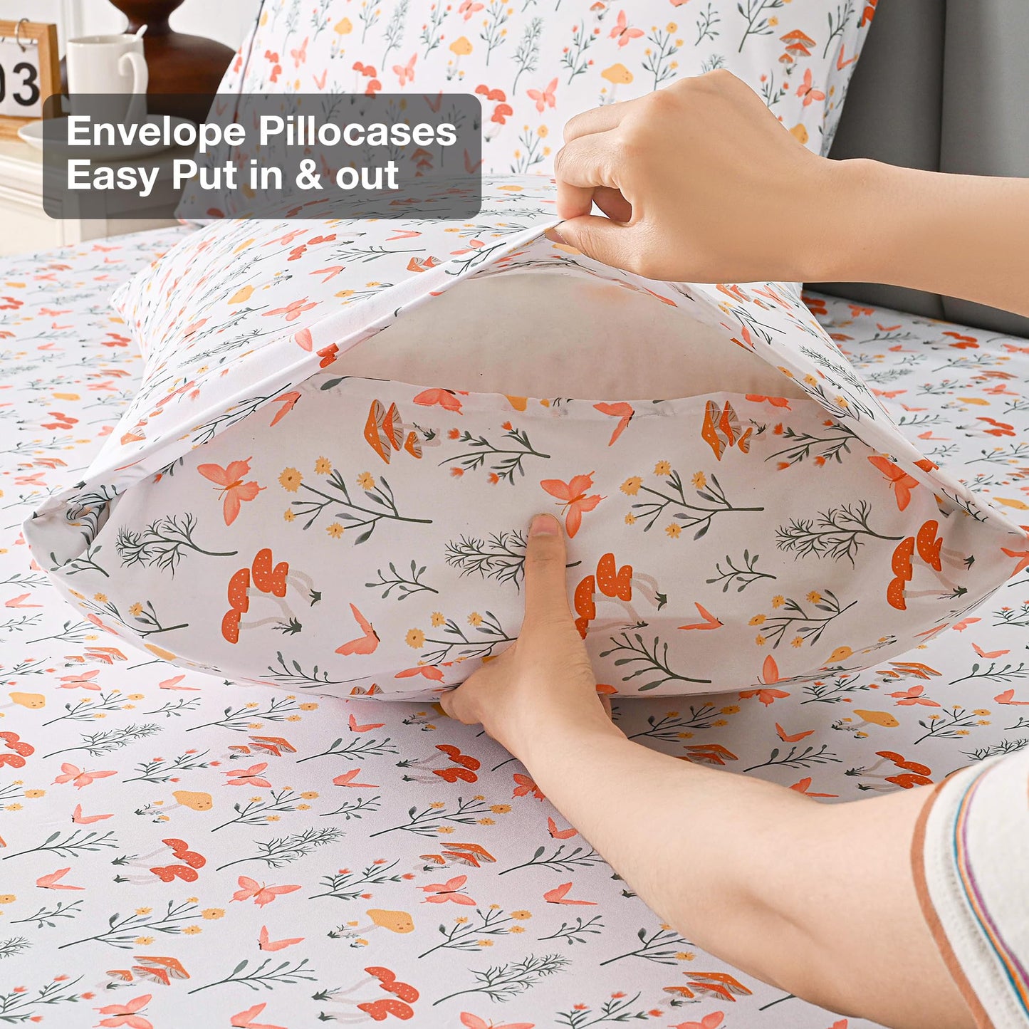 Viviland Mushroom Twin Sheet Set - 4 Piece Vintage Butterfly Flower Patterned Bed Sheets - Soft, Breathable Microfiber Floral Sheets with Deep Pocket, Non-Slip Fitted Sheets & Pillowcases