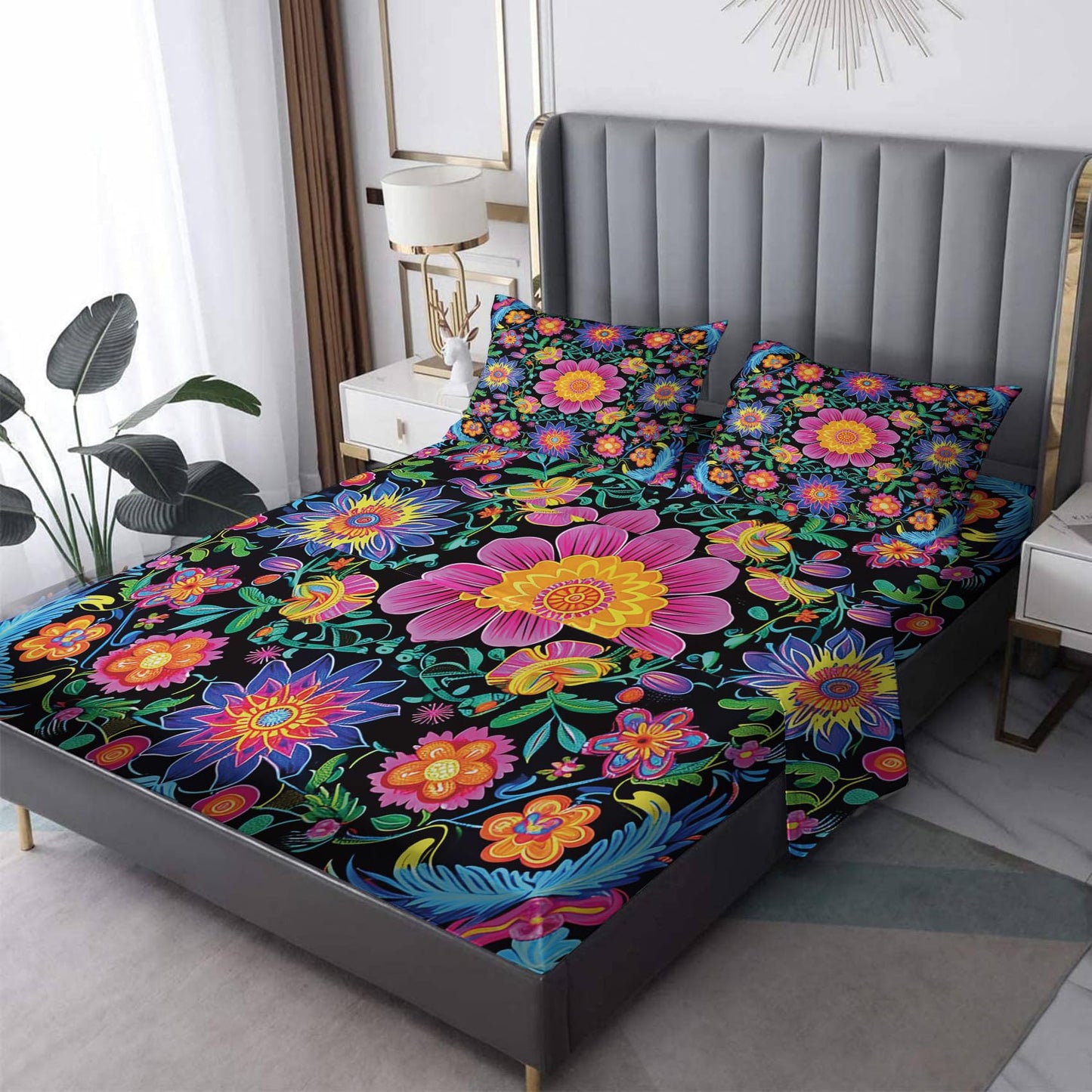 NOGAWA Mexican Floral Sheets Queen Size, Colorful Flower Bed Sheets, Patterned Bedding Sheets & Pillowcases 4 Piece Set - Soft Microfiber Deep Pocket Fitted Sheet & Flat Sheet & 2 Pillow Cases