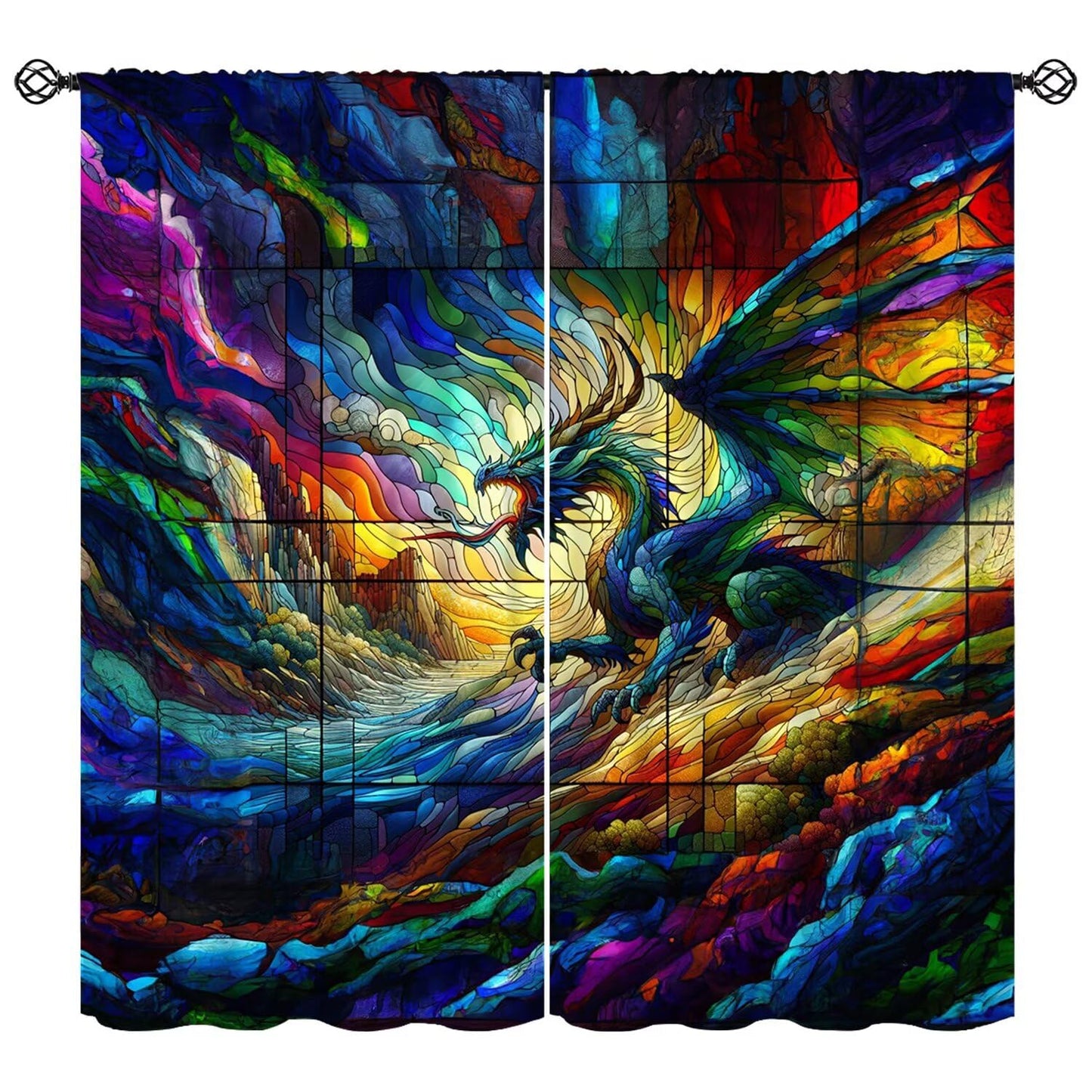 FengMingRui Dream Stained Glass Curtains Fantasy Dragon Rainbow Colorful Clouds for Kids Boys Girls Bedroom Living Room Window Drapes 42" W X 45" L