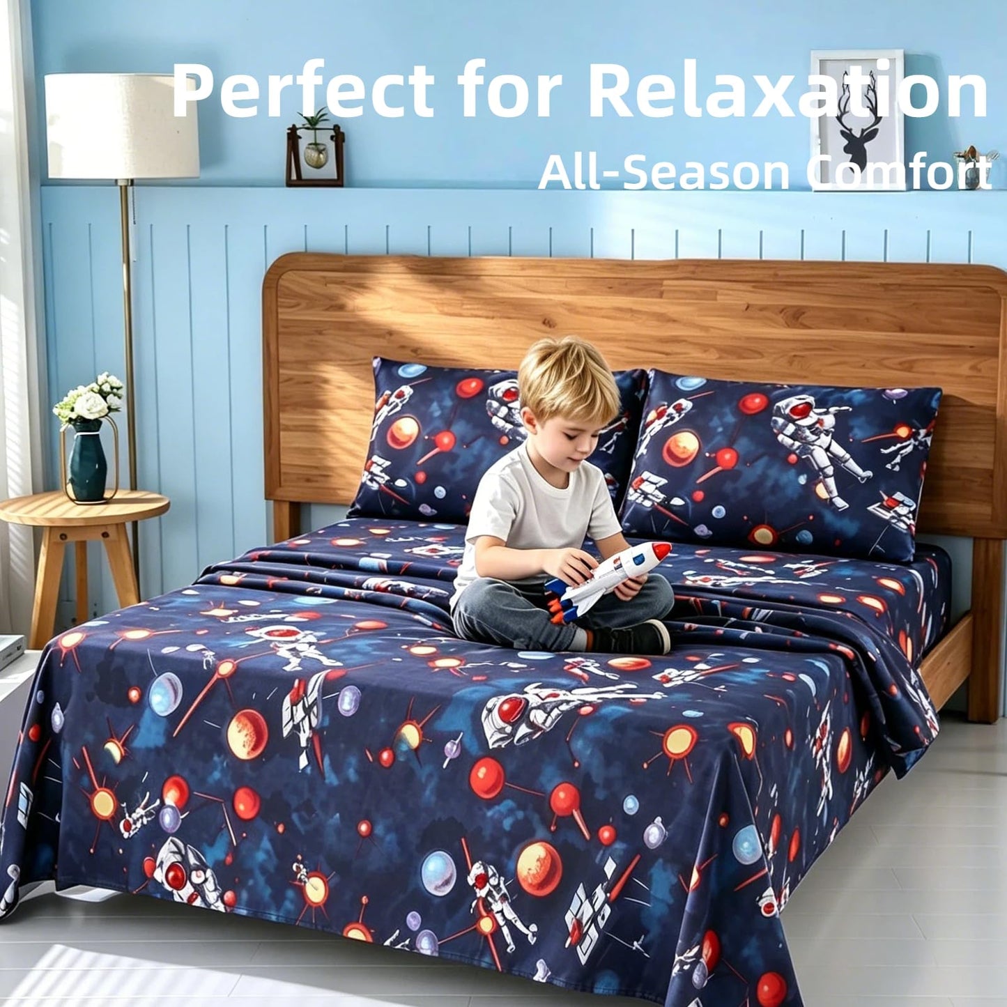 SDY 4 Pieces Space Sheets Set Full,Space Bedding with 1 Deep Pocket Fitted Sheet & 1 Top Flat Sheet & 2 Pillowcases for Kids Teens Boys Children Toddler