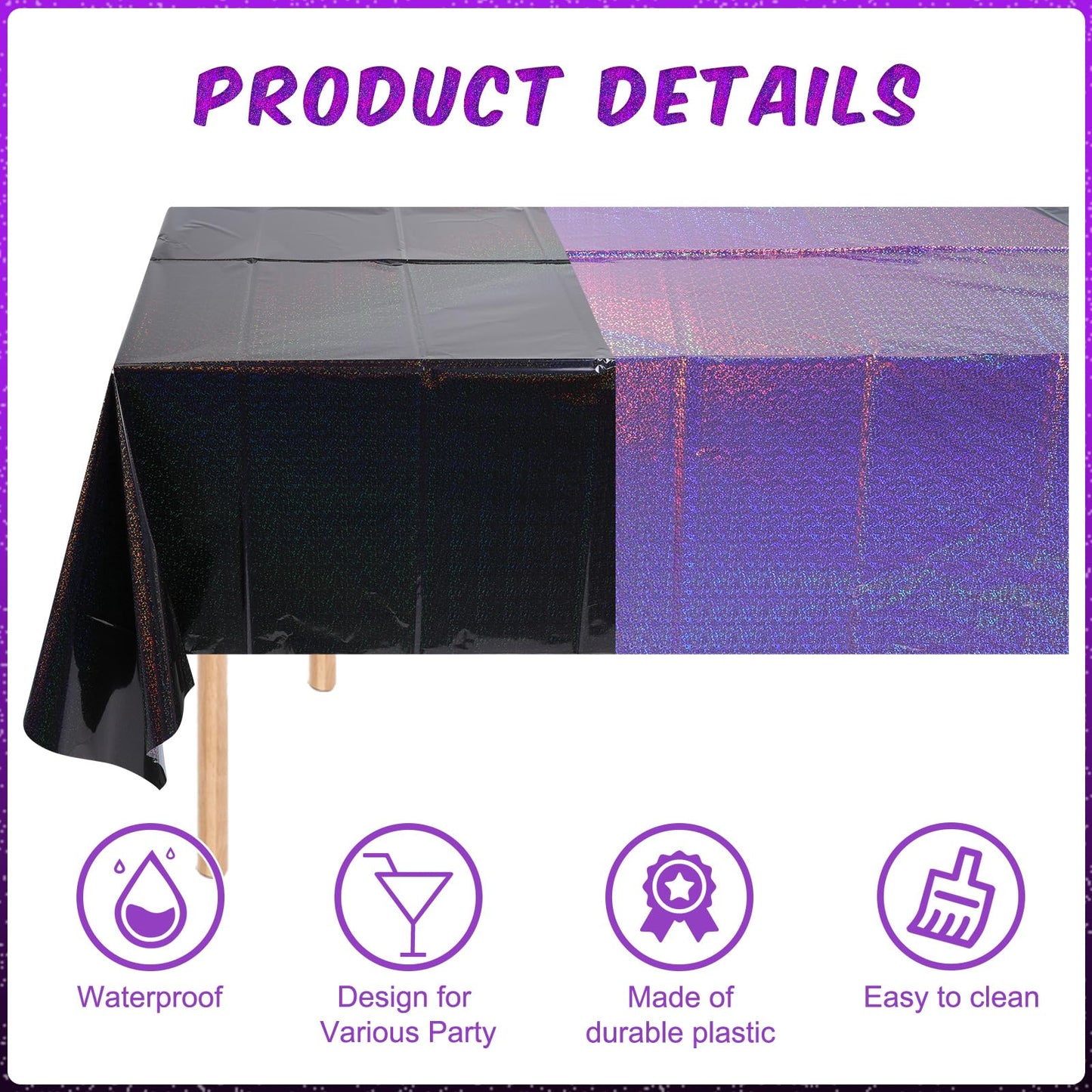 2 Pack Iridescent Black and Purple Plastic Tablecloth 54x108 Inch, Holographic Laser Disposable Table Cover, Rectangle Black and Purple Table Cloth for Halloween Holiday Birthday Party Decorations