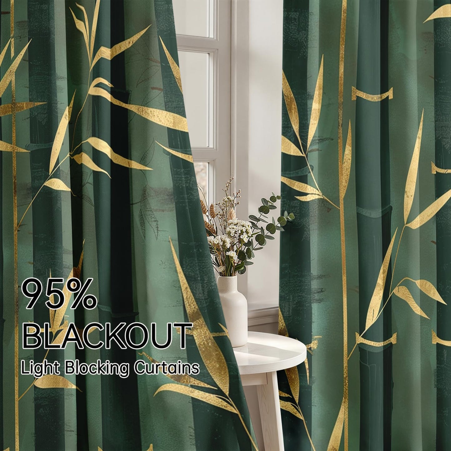 Mistwalk Gold and Green Bamboo Blackout Curtains for Bedroom & Living Room, 45 Inch Curtains 2 Panel Set, Room Darkening Thermal Insulated Grommet Drapes, Modern Art Zen Patterned Window Treatments