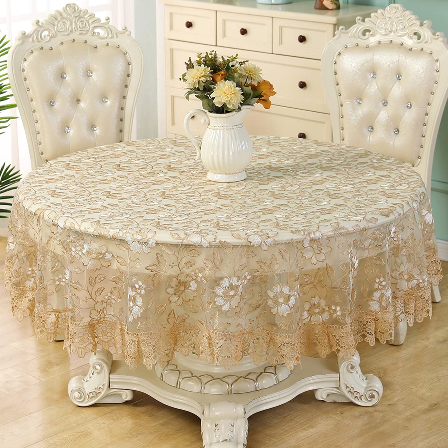 Gold Tablecloth Lace Macrame Vintage Tablecloth Shabby Chic Embroidered Round Table Cover for Kitchen Dining-Room Summer Holiday Outdoor Picnic