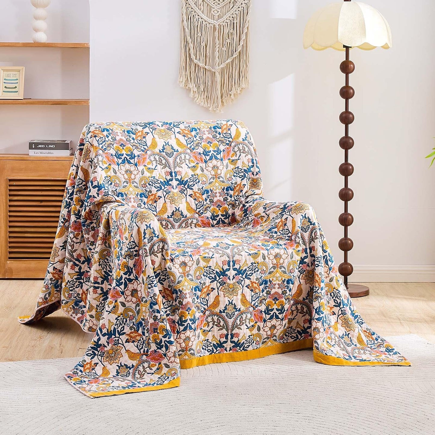 XIBLC Boho Blanket Throw Quilt, 100% Cotton Soft Light Weight Throw Blankets for Summer, 60"x80" Farmhouse Flower Decorative Blankets, All Season Rustic Reversible Bohemian Throw Quilt