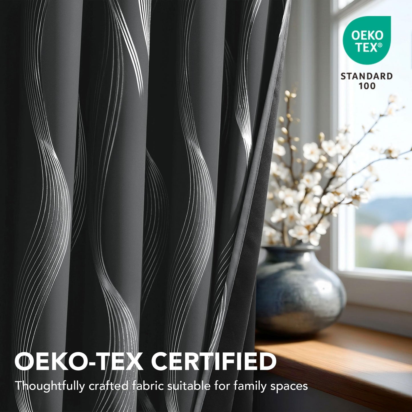 Deconovo Silver Foil Wave Pattern Total Blackout Curtain Panels, Living Room Curtains, White Grommet Top, 2 Panels Set, 52W x 84L, Dark Grey