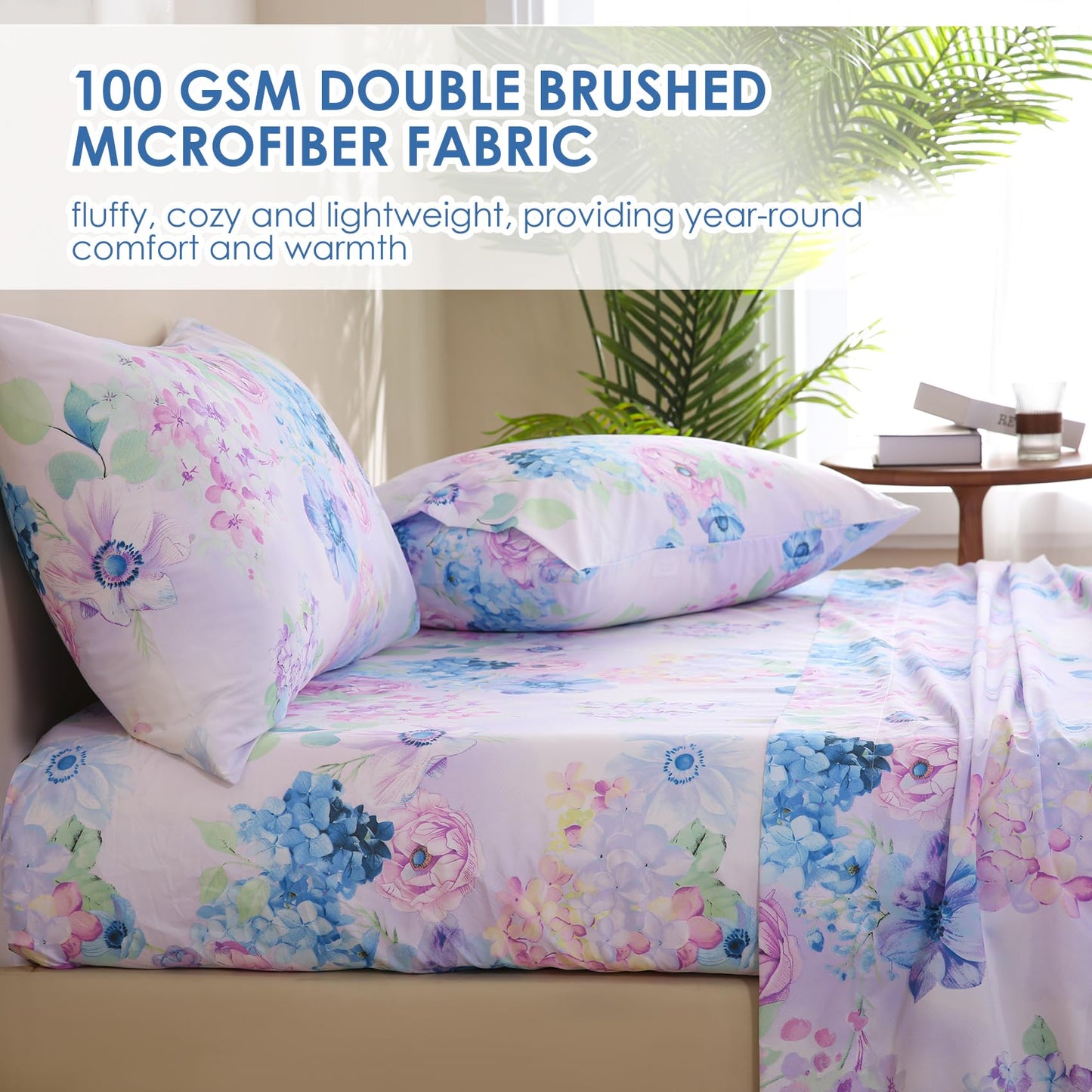 JSD Purple Hydrangea Floral Sheet Set Queen Size, 4 Piece Soft Spring Printed Microfiber Bed Sheets Deep Pocket