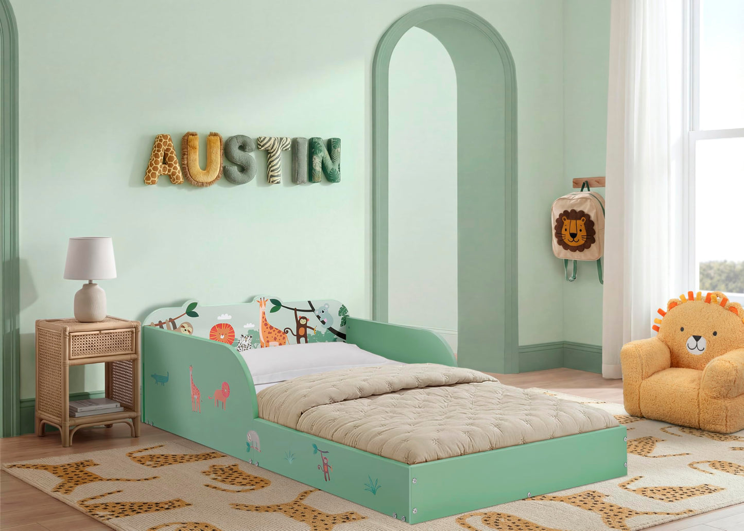 Delta Children Safari Wood Floor Toddler Bed with Reusable Stickers, Green