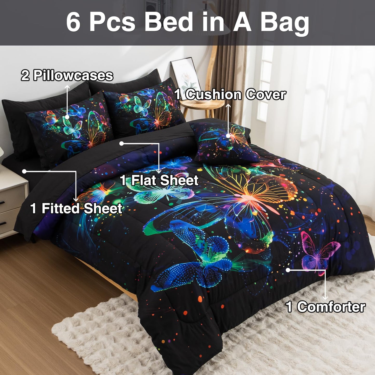 A Nice Night Galaxy Bedding Sets,3D Butterfly Flying in Space Printed,Like Glitter Butterflies 6pcs Bed in a Bag Twin Comforter Set, for Girls Boys Kids Teens