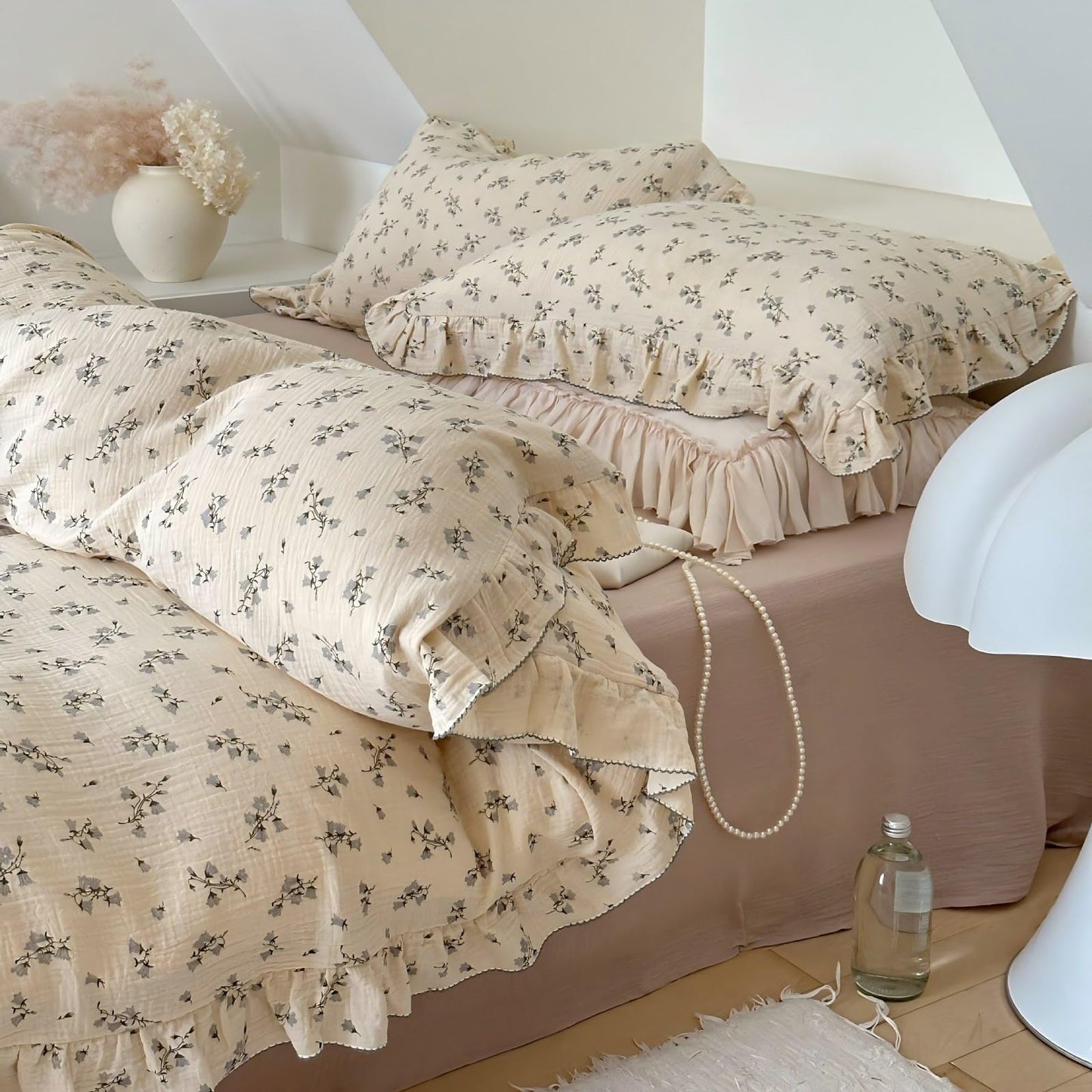 BuLuTu Muslin Duvet Cover Queen Bedding Set, Chic Shabby Floral Ruffles Quilt Cover 90"x90", Gauze Cotton Comforter Cover with 2 Pillowcases, Hyacinth Pattern, Zipper Closure, All Season