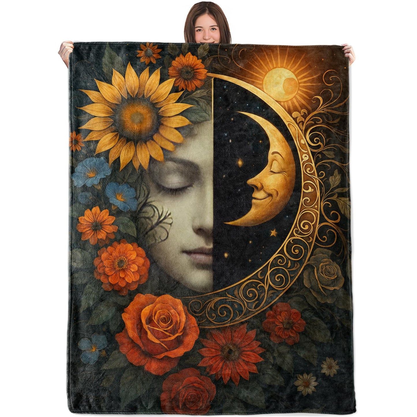 WKEDIN Celestial Moon and Sunflower Blanket,50x60in,Cozy Flannel Throw with Boho Face Floral DNight Sky Design,Soft Lightweight Gifts Blankets for Women,Sofa Bed Travel Camping Astrology Boho Decor