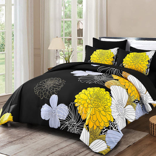 Yiran Bed in a Bag Queen Yellow Black Comforter Set 7 Pieces Soft Microfiber Floral Boho Bedding Set with 1 Comforter 1 Flat Sheet 1 Fitted Sheet 2 Pillowshams 2 Pillowcases