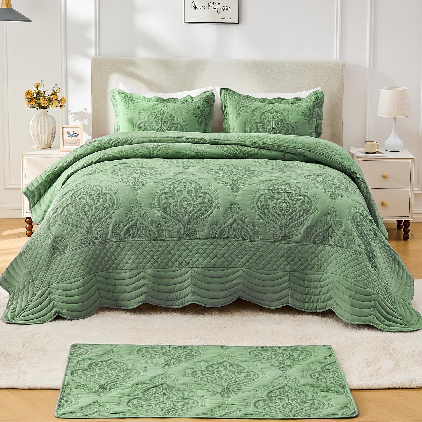 DaisyHuang Oversized Bedspread Coverlet Set King Size - Lightweight Bedding Cover - Beautiful Stitching - 4 Piece Reversible Bedspread, Olive Green