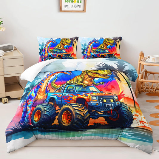 AILONEN Cartoon Dinosaur Comforter Set Queen Size,Kawaii Truck Animal Bedding Set Gift for Kids Boys,Colorful Ancient Wildlife Duvet + 2 Pillowcases,3Pcs