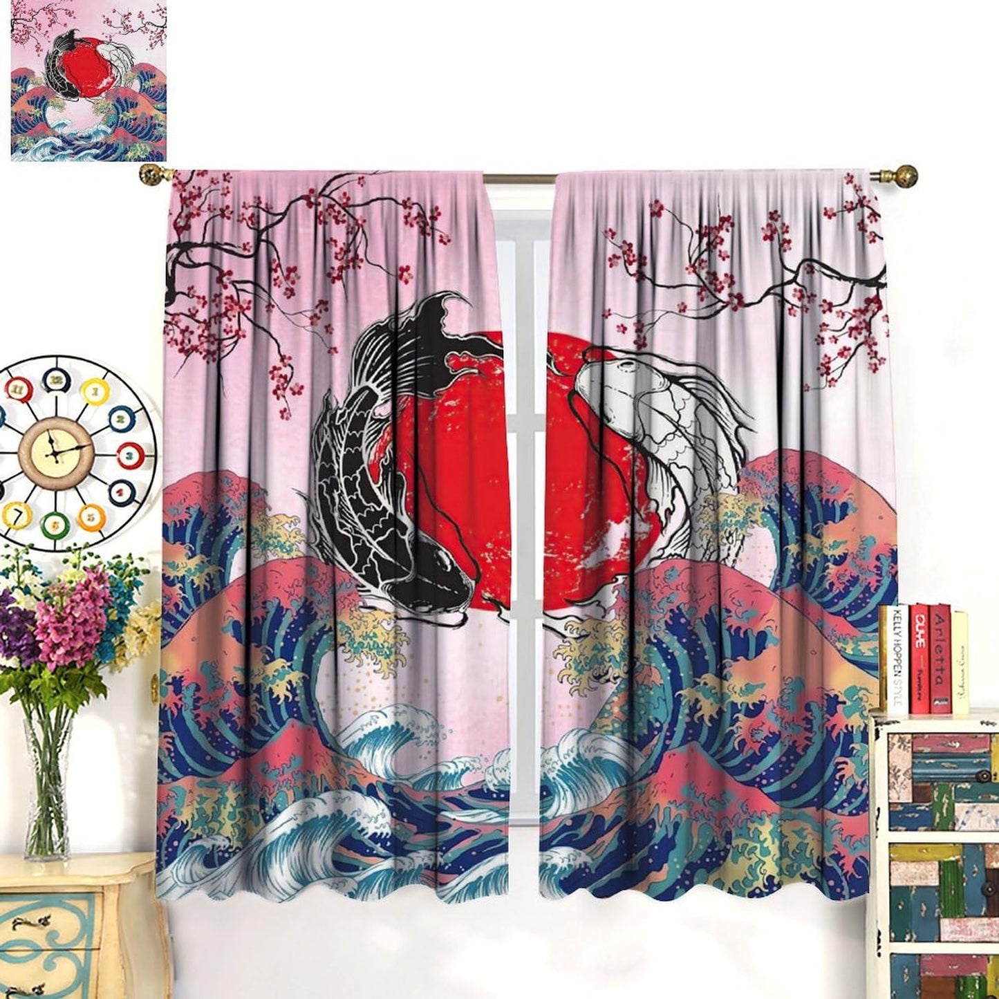AuiMzoo Japanese-Style Blackout Curtains for The Bedroom; Living Room Window Treatments Featuring A Koi Fish and Wave Pattern42X45 Inch