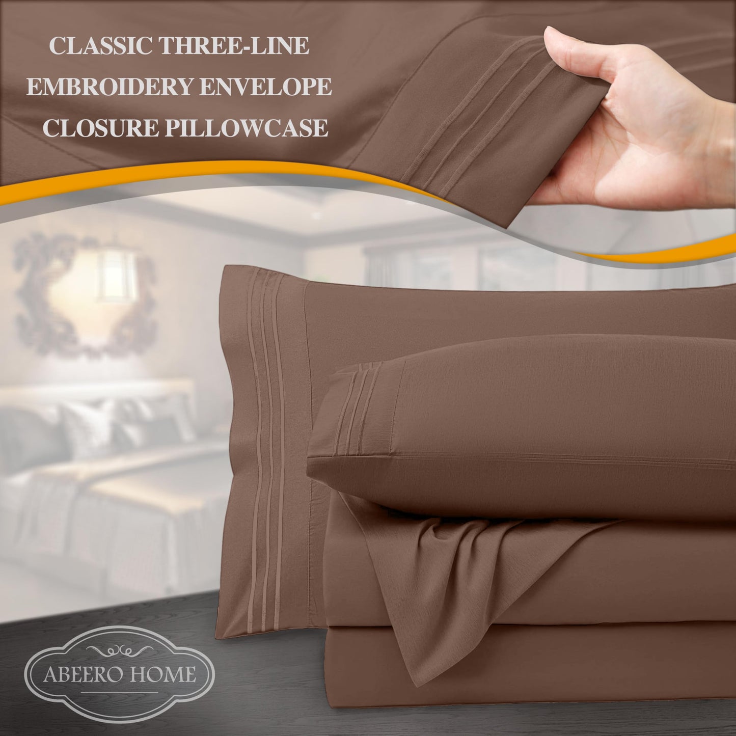 Abeero Home Full Size Bed Sheets Cooling - Luxury Hotel Sheet Set - Soft Sheets with Elastic Corner Straps - Deep Pocket Microfiber Bedsheets - Bedding Sheet & Pillowcases - 4 PC (Full Size, Brown)