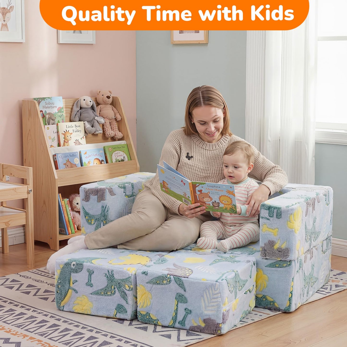MeMoreCool Glow-in-the-Dark Dinosaur Kids Loveseat - Modular Toddler Play Couch that Folds Out, Convertible Foam Chair & Mini Sofa Bed with Washable Plush Cover, 2-Seat Playroom Furniture