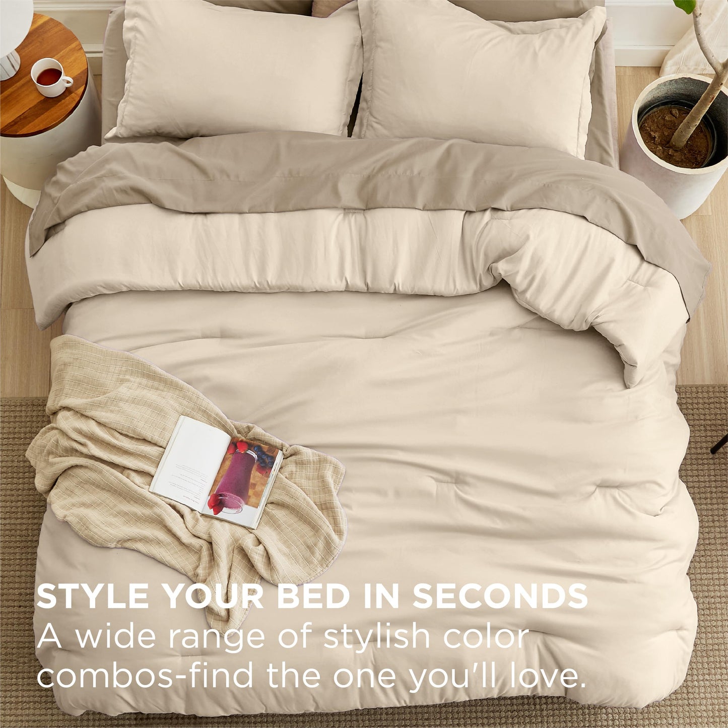 Bedsure King Size Comforter Set - 7 Pieces Light Beige King Bedding Set for All Seasons, Boho Contrasting Design Bed in a Bag with Comforter, Sheets, Pillowcases & Shams