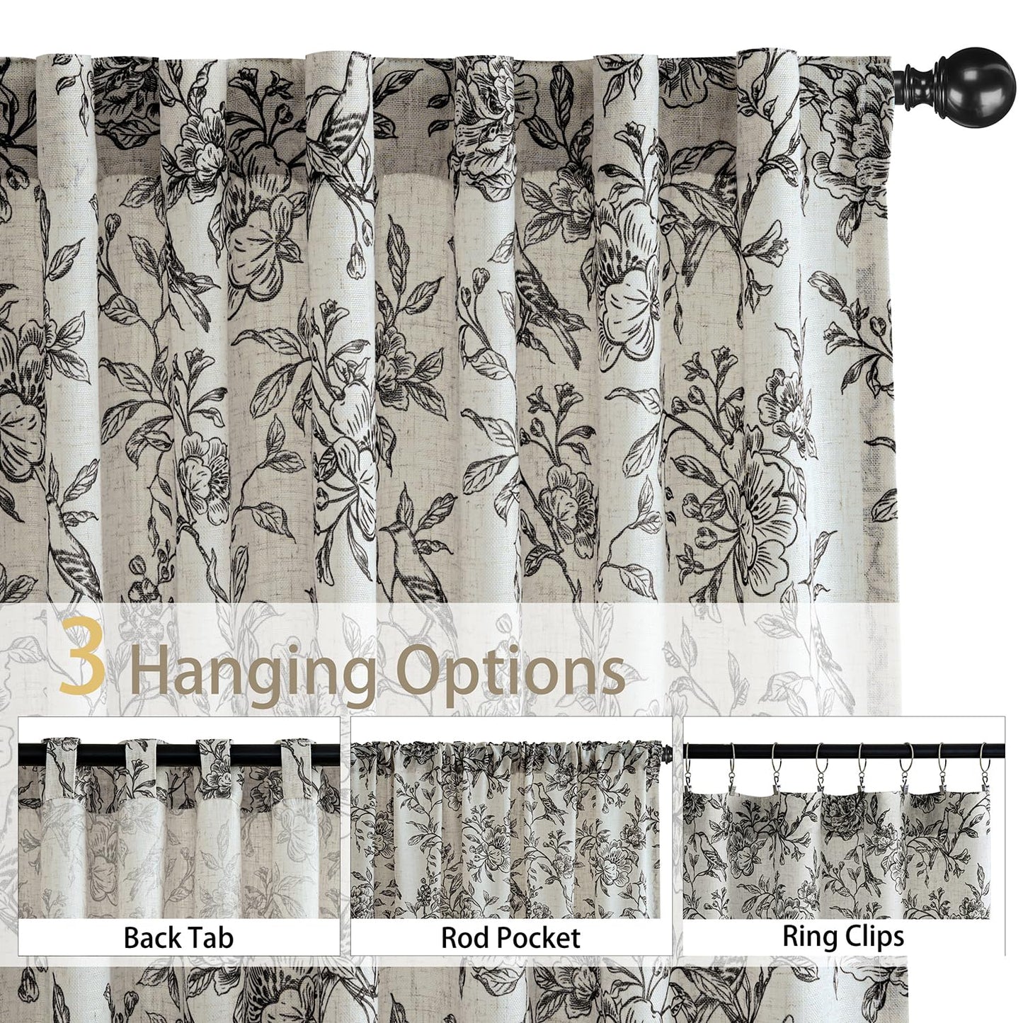 VISIONTEX Floral Farmhouse Curtains 84 Inch Length, Black Peony Printed Linen Blend Drapes, Back Tab & Rod Pocket Light Filtering Window Curtains for Living Room Bedroom, Set of 2 Panels