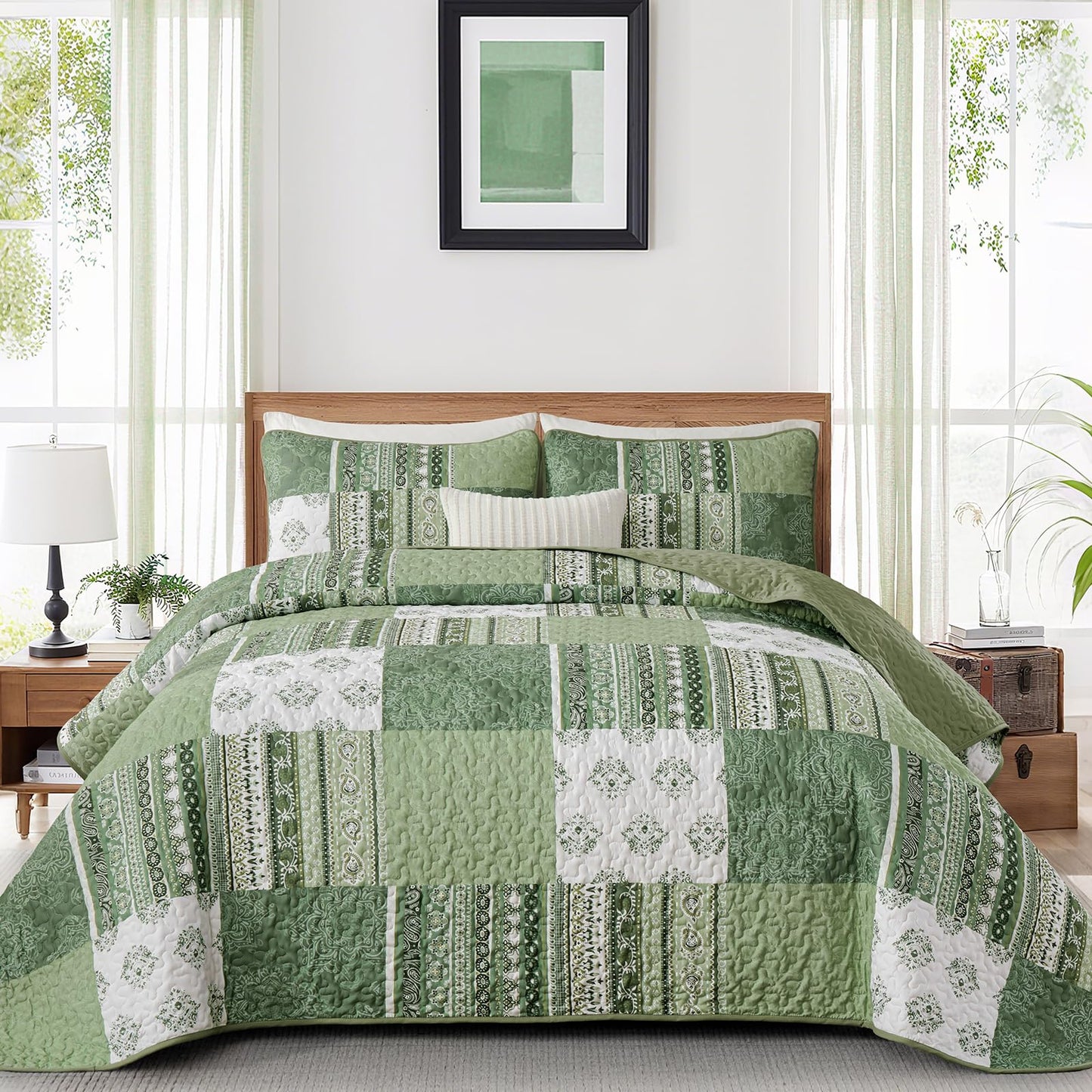 Dintszyayue Boho Quilt Set Queen Size Patchwork Bedspread Coverlet 3 Pieces, Green Boho Quilt Bedding Set Soft Microfiber Summer Bedding Bedspread Set, 96''x90''