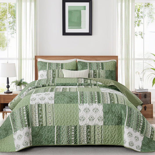 Dintszyayue Boho Quilt Set Queen Size Patchwork Bedspread Coverlet 3 Pieces, Green Boho Quilt Bedding Set Soft Microfiber Summer Bedding Bedspread Set, 96''x90''