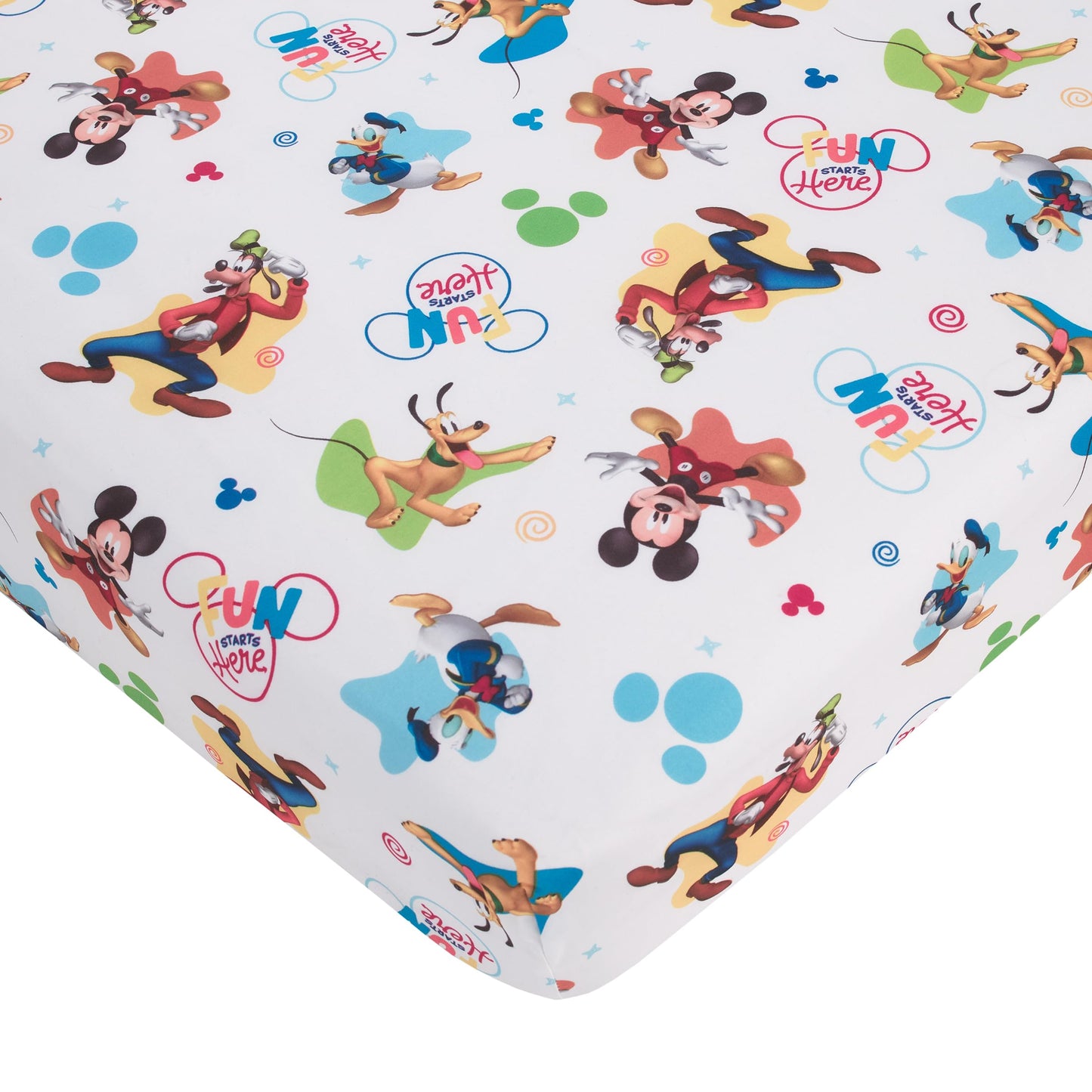 NoJo Disney Mickey Mouse Blue, Red, and Green, Donald Duck, Pluto, and Goofy, Fun Starts Here 4 Piece Toddler Bed Set - Comforter, Fitted Bottom Sheet, Flat Top Sheet, and Reversible Pillowcase