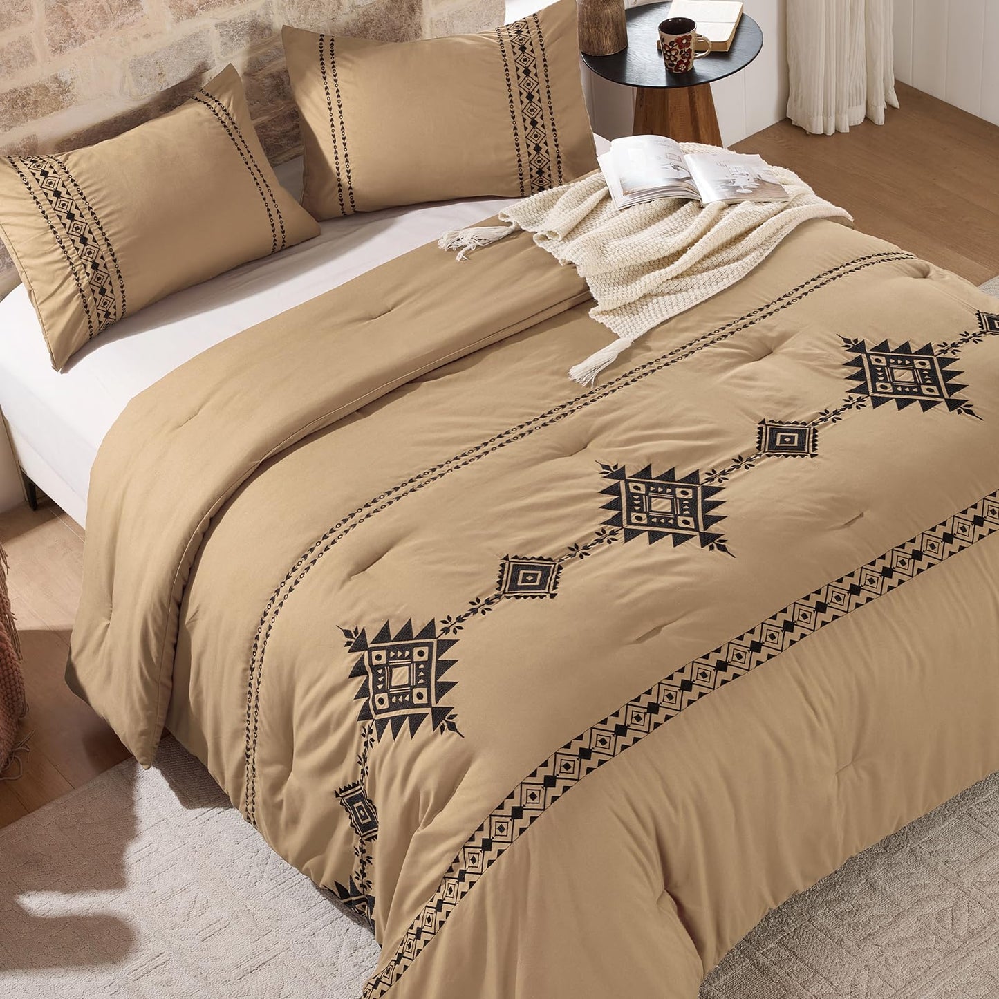 Baskbed Boho Embroidered Bed Comforter Queen Set, 3-Piece Western Shabby Chic Bedding Set - Fluffy Ultra Soft Microfiber with Intricate Design, Includes Comforter & 2 Pillowcases, Khaki(88"x88")