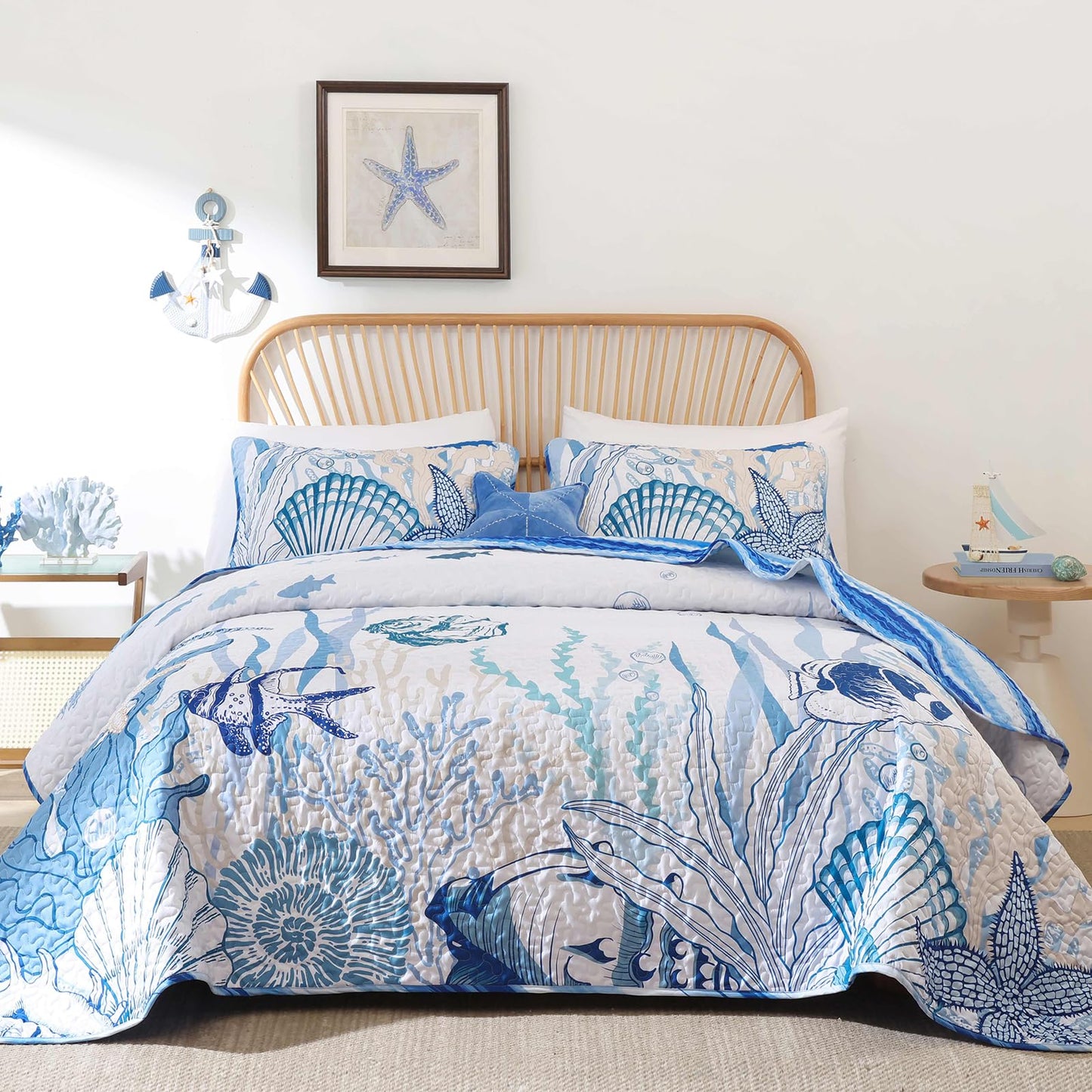 DJY Coastal King Size Quilt Set 3 Piece, Reversible Microfiber Ocean Quilt with 2 Shams Nautical Bedding Set Beach Bedspread Coverlet Summer Lightweight Comforter Set for All Season, 110"x90"