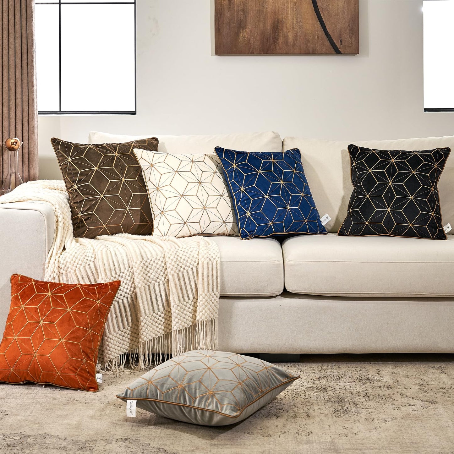 Aeckself Dark Brown Gold Plaid Geometric Throw Pillow Covers 20x20 Inch, Luxury Embroidery Velvet Cushion Case Square Modern Decorative Pillow Covers for Couch Living Room Bedroom