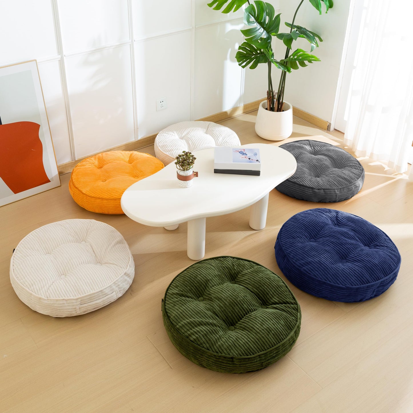 HIGOGOGO Floor Pillow Cushion for Adults, Meditation Cushion Pillow, Large Round Floor Sitting, Removable Tufted Corduroy Cover, for Tatami Living Room or Yoga, 22x22 Inch, Dark Grey
