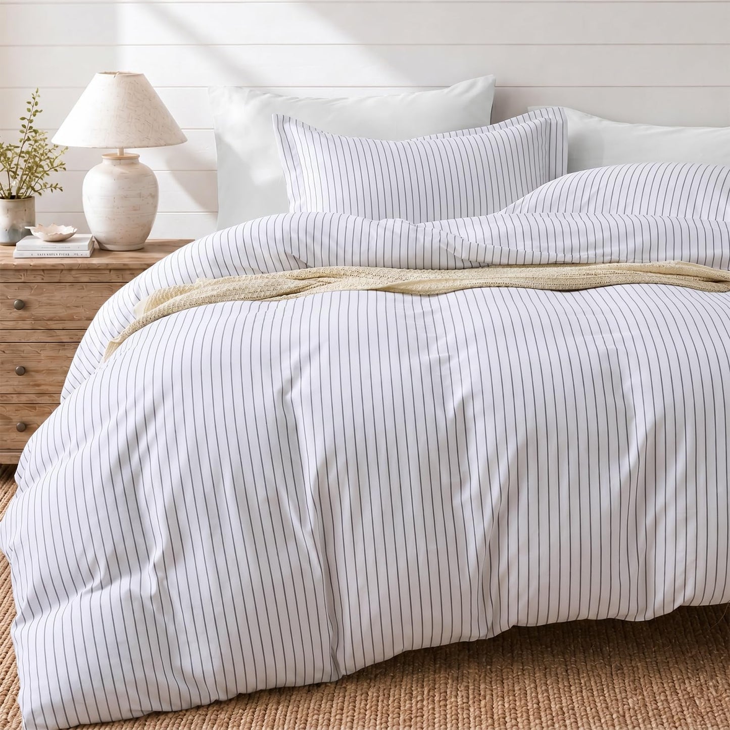 JOLLYVOGUE Striped Duvet Cover Queen, White Duvet Cover with Grey Stripes