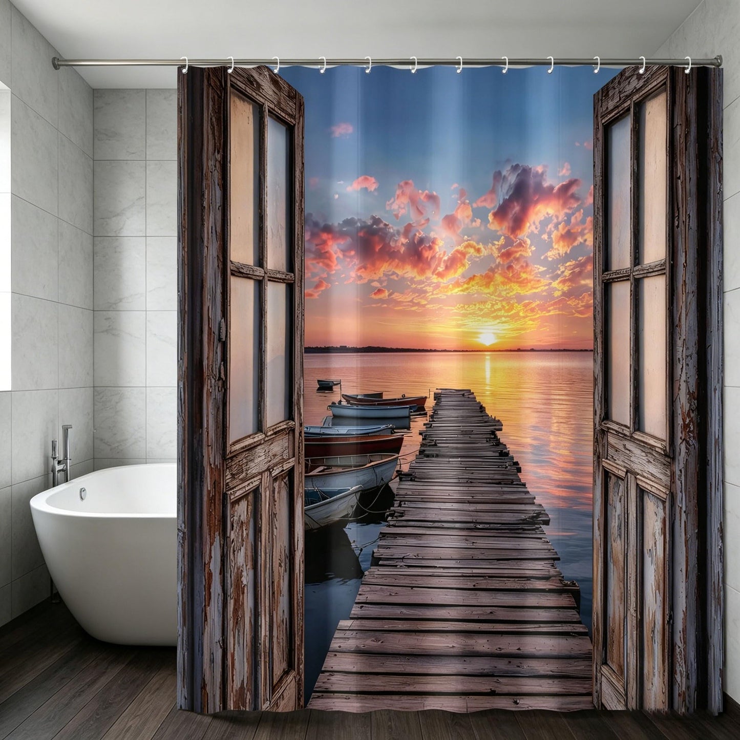 Coastal Beach Barn Door Shower Curtain, Nautical Ocean Seashore Sunset Decorative Waterproof Fabric Shower Curtain for Bathroom, Seaside Sunrise Pier Seascape Rustic Bath Curtain Set with Hooks72x72in