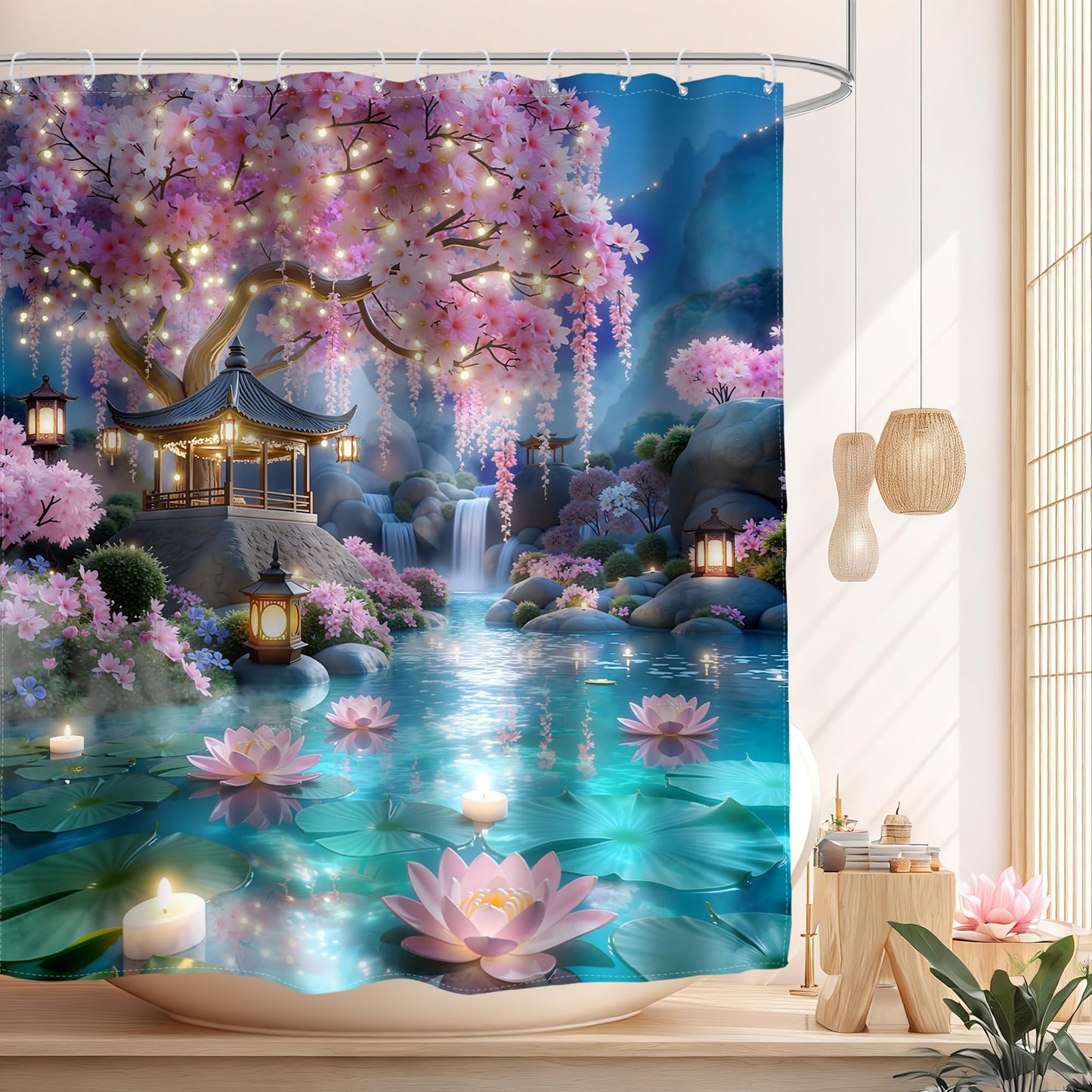 Glawry Japanese Shower Curtain 60Wx72L Inches Pink Floral Cherry Blossom Spring Night Nature Waterfall Lotus Asian Aesthetic Bathroom Accessories Art Home Decor Fabric 12 Hooks
