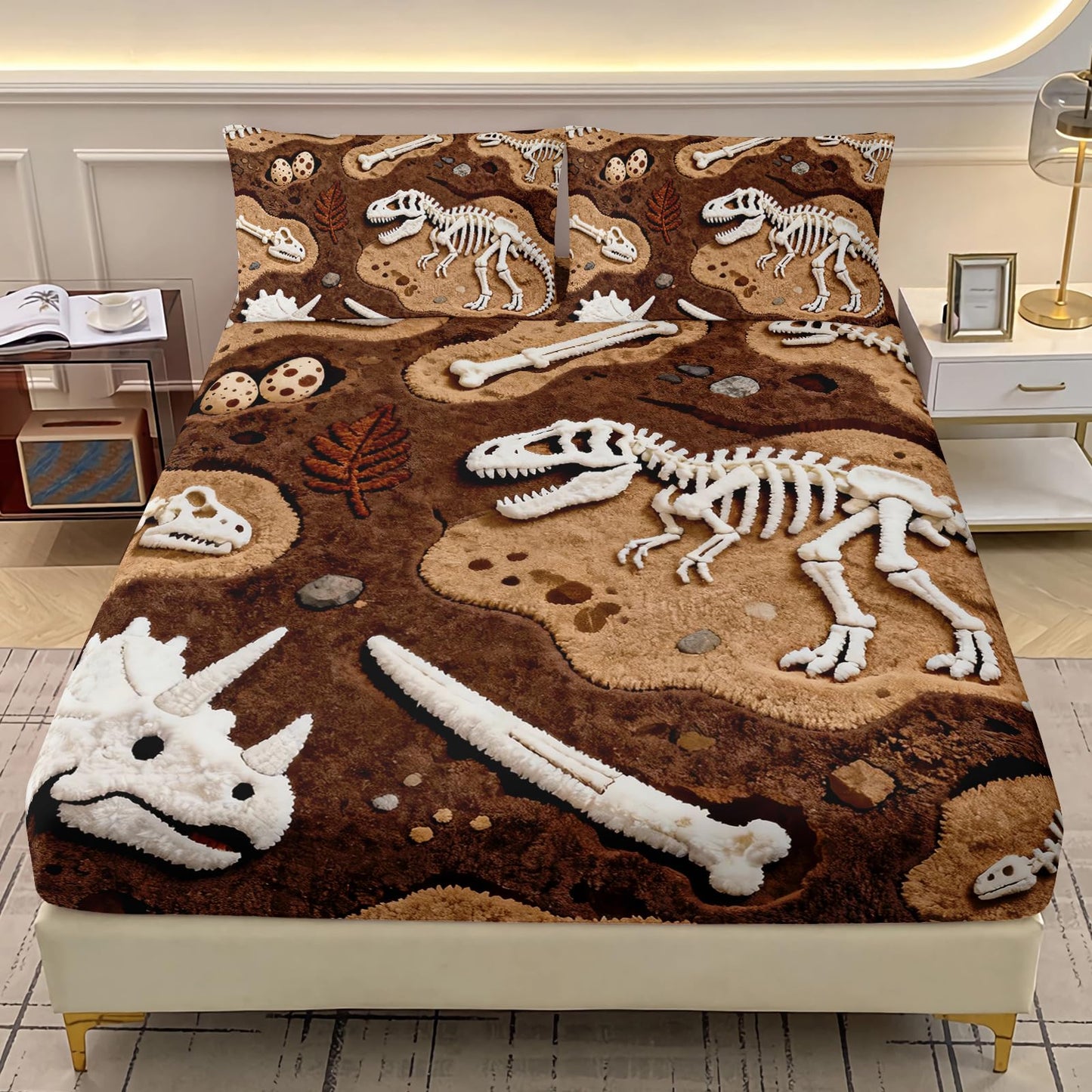 AILONEN Dinosaur Skeleton Print Twin XL Fitted Sheet Set for Kids - Boys Microfiber Sheets Set with Fossil and Bone Design for Dinosaur Lovers,2 Pillowcases