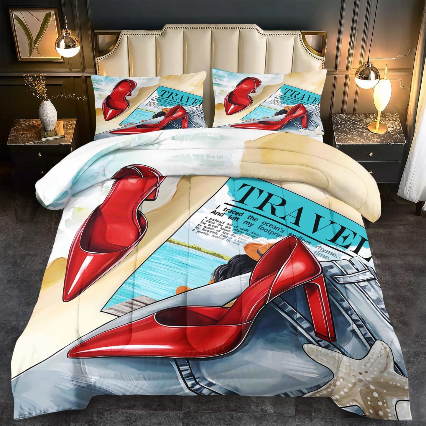 llyxsesty Queen Size Comforter Set, Red High Heels Fashion Bedding Set for Women, Elegant Modern Quilt Set with Pillowcases, Soft Boho Bed Set for Bedroom Decor