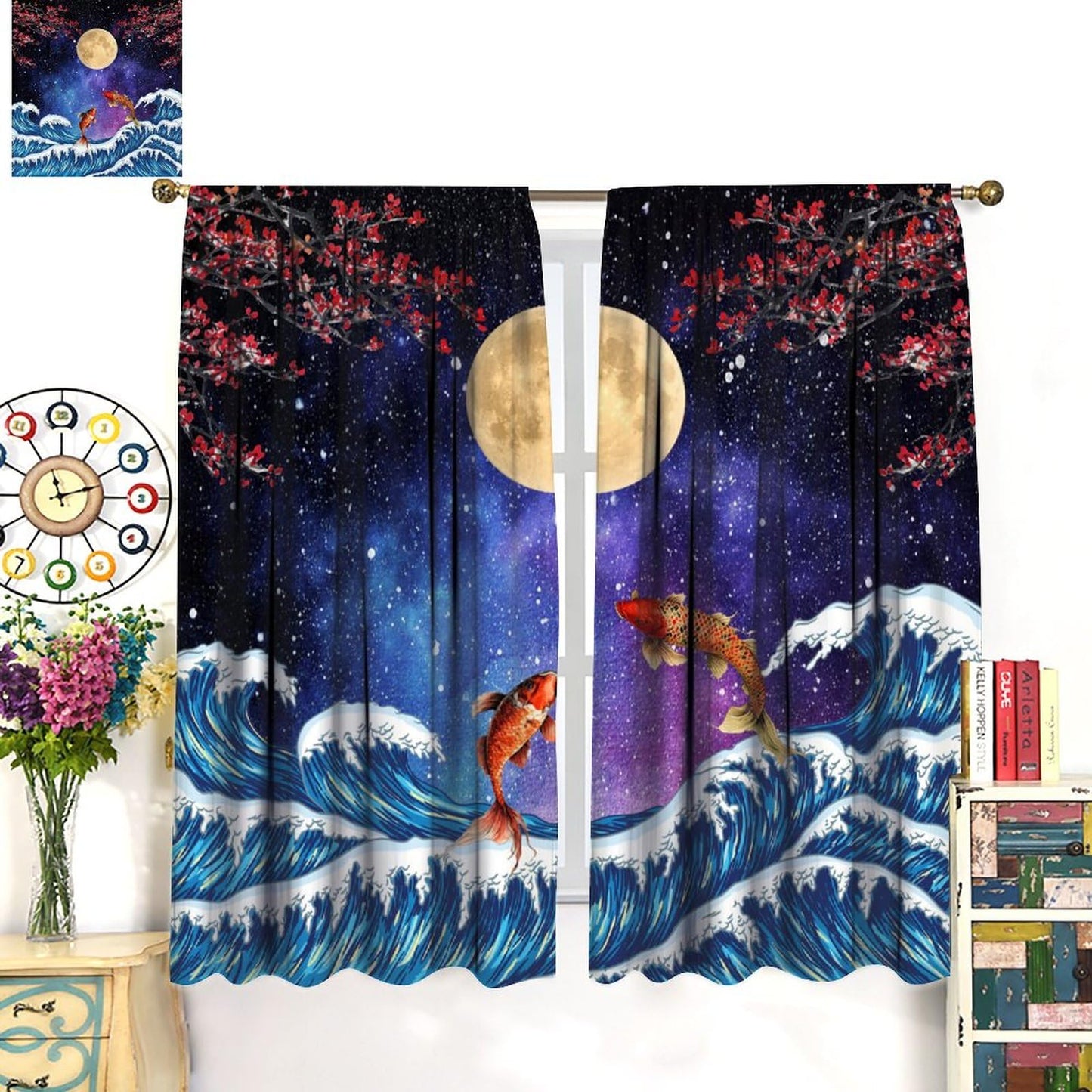 Koi Asian Oriental Cherry Blossom Moon Sea Wave Pattern Curtains for Bedroom Living Room Kitchen - Blackout Privacy Noise Reduction - 42x45 Inches 2 Panels