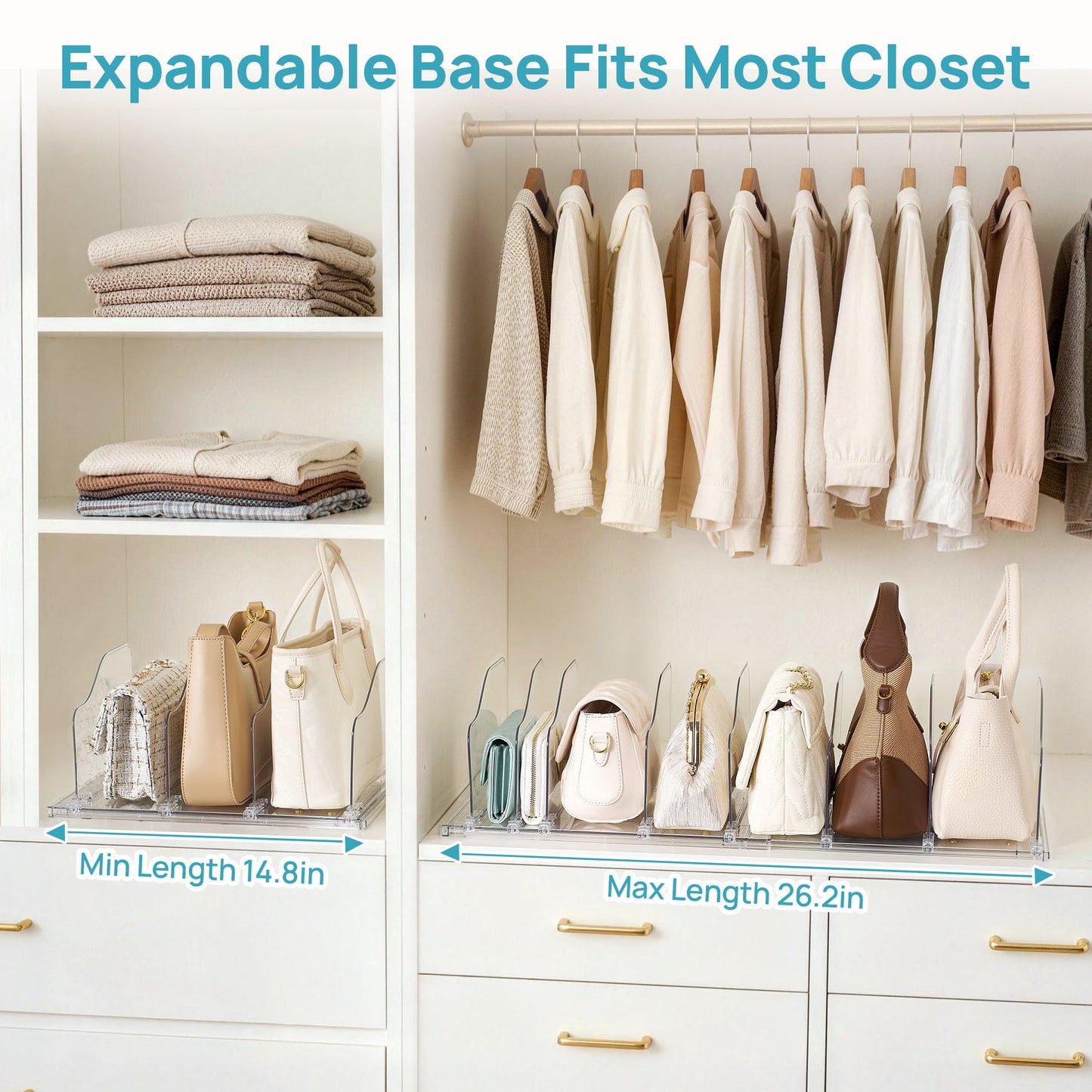Vtopmart Free-Adjustable Purse Organizer for Closet with 2 Base, Clear Handbags Storage Organizer, Fits Different Bag Sizes & Closet Shelf, Expandable Plastic Shelf Dividers for Handbags, Wallets