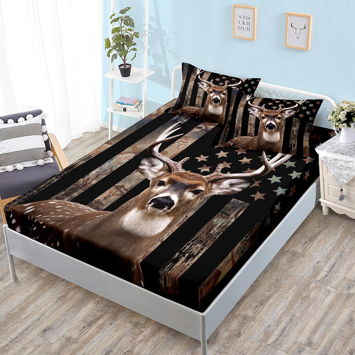 HOSIMA Deer Hunting Camo Bedding,Hunter Bedding Set American Flag Fitted Sheet Set Twin Size for Adult Teen Boy Bedroom Decor,1 Fitted Sheet+2 Pillowcases.