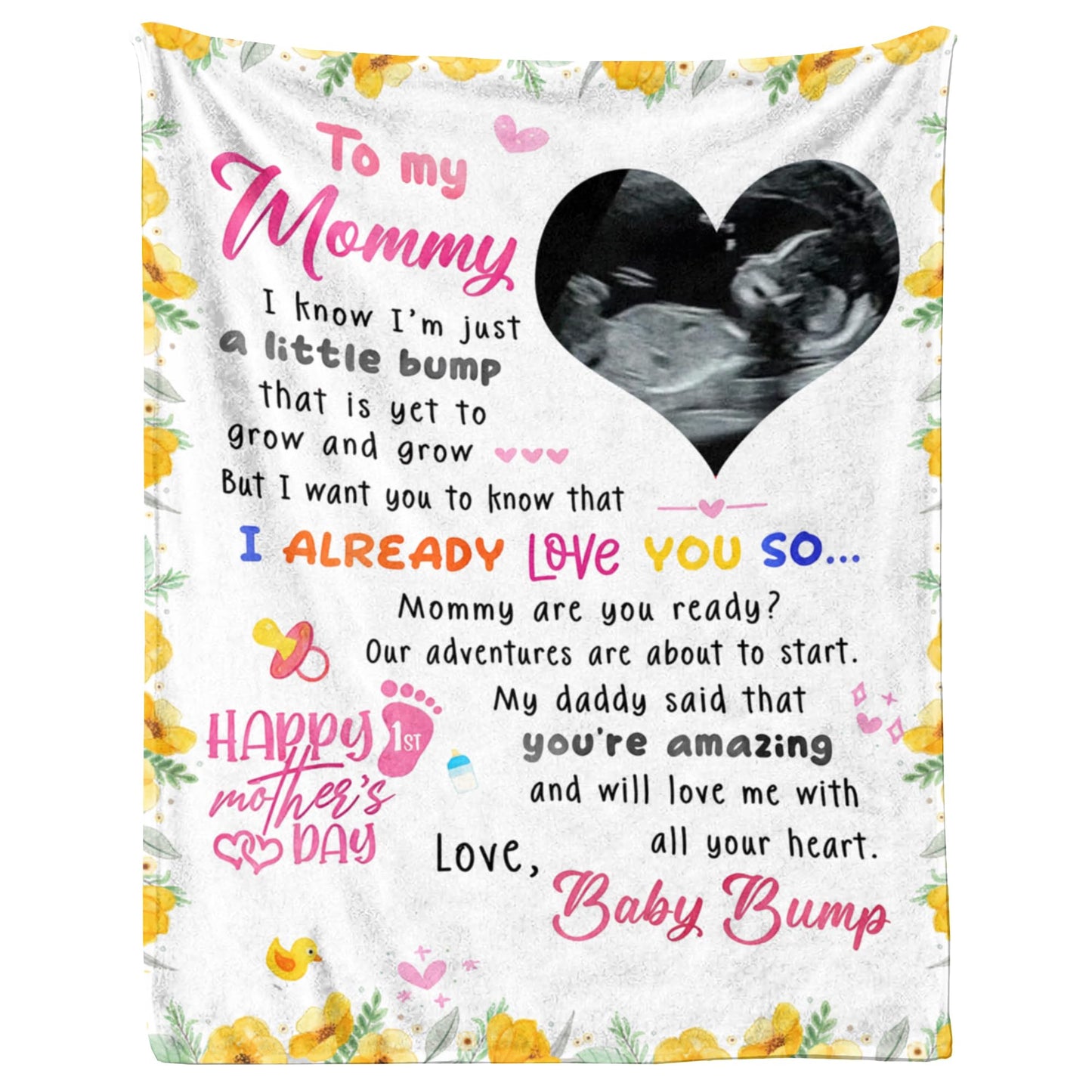 KiKiLuna Personalized Ultrasound Photo Heart Blanket, First for Pregnant Women, Pregnancy Announcement Flannel Throw, Baby Bump Message, 5 Color Background Options