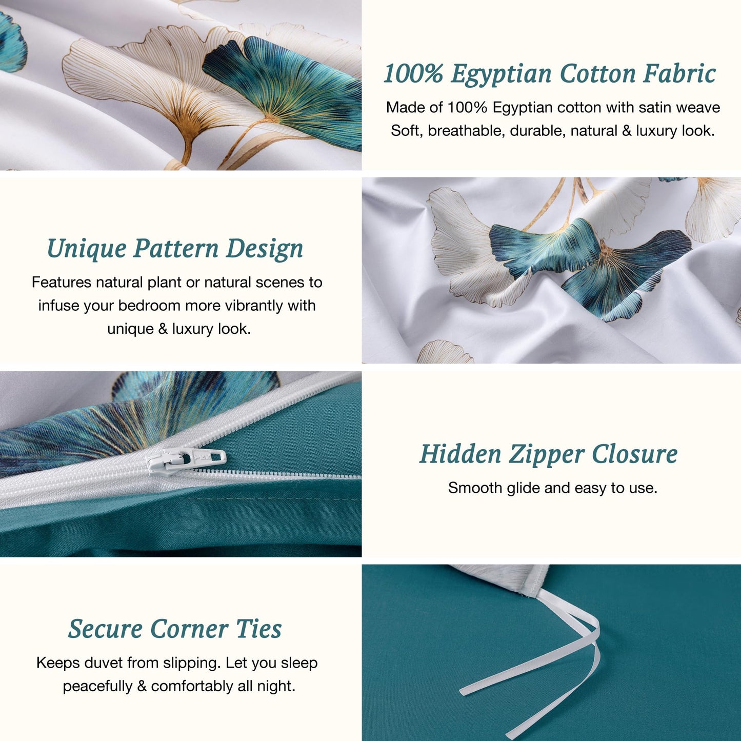 MILDLY 100% Long-Staple Cotton Duvet Cover Set Teal Green Gingko Leaf Pattern Printed Comforter Cover 3pcs, Ultra Soft & Breathable Bedding Set