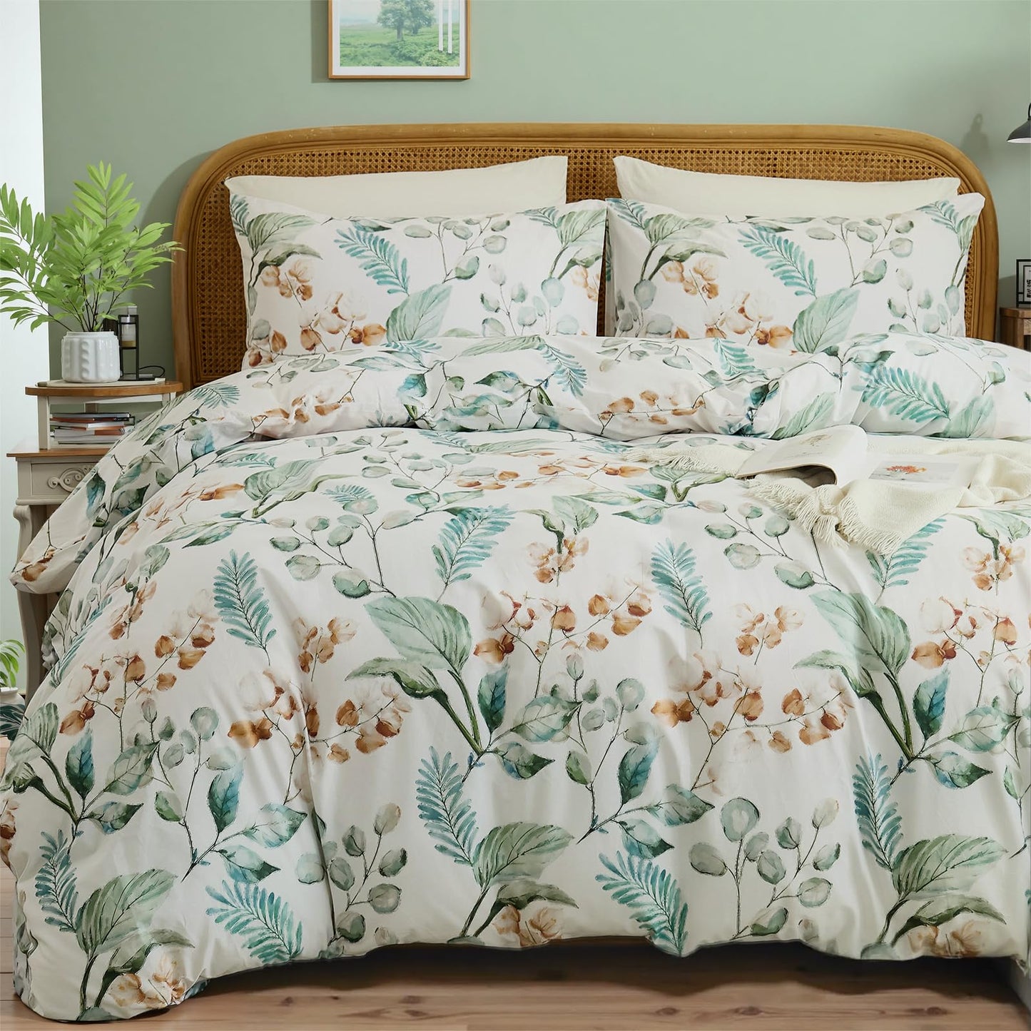 Cozaline 100% Cotton Duvet Cover King Size – Eucalyptus Botanical Print Green Floral Duvet Cover Set, 3-Piece Soft Breathable Natural Premium Cotton Bedding Set for All Seasons